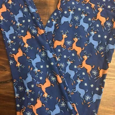 LuLaRoe LEGGINGS OS BLUE REINDEER DEER SNOW SNOWFLAKES CHRISTMAS MERRY & BRIGHT